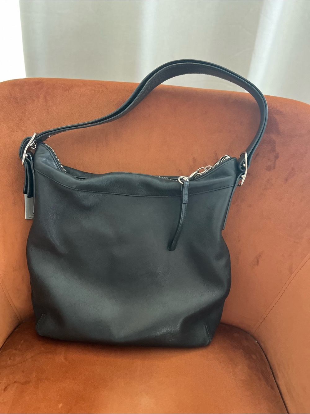 Coach Black Leather Hobo Shoulder Bag with Silver-Tone Hardware